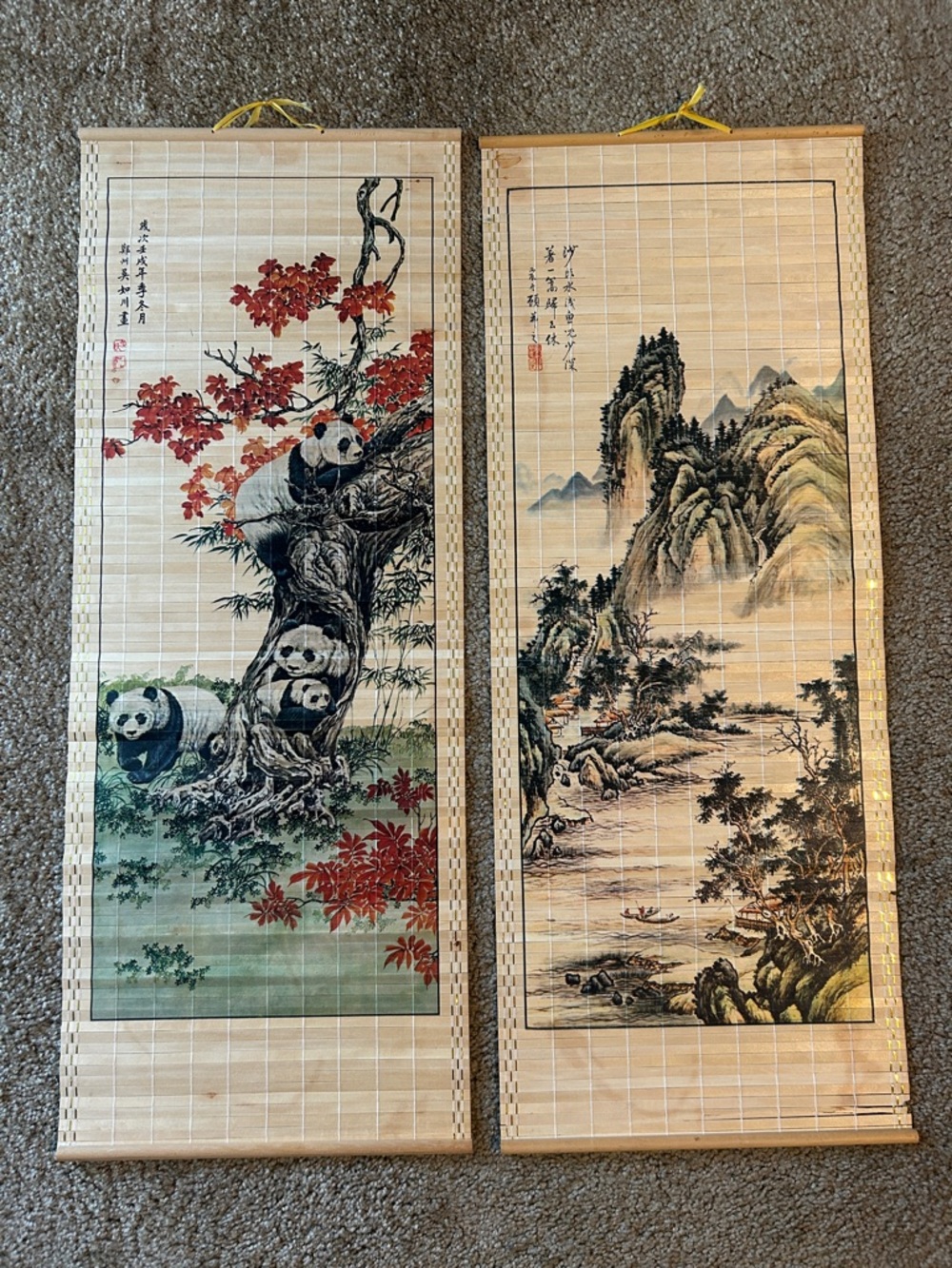 Vintage pair of traditional Chinese hanging wall scrolls
